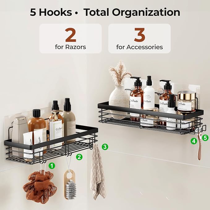 Orimade Shower Caddy with 5 Hooks for Hanging Razor and Sponge Adhesive Shower Shelf Basket Bathroom Storage Organizer Kitchen Rack No Drilling Stainless Steel Rustproof - 2 Pack,Black