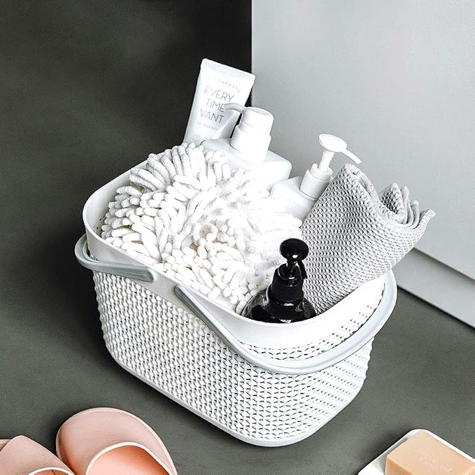 UUJOLY Portable Shower Caddy Basket Tote, Plastic Storage Basket with Handles Organizer Bins for Kitchen Bathroom College Dorm, White 2 Pack
