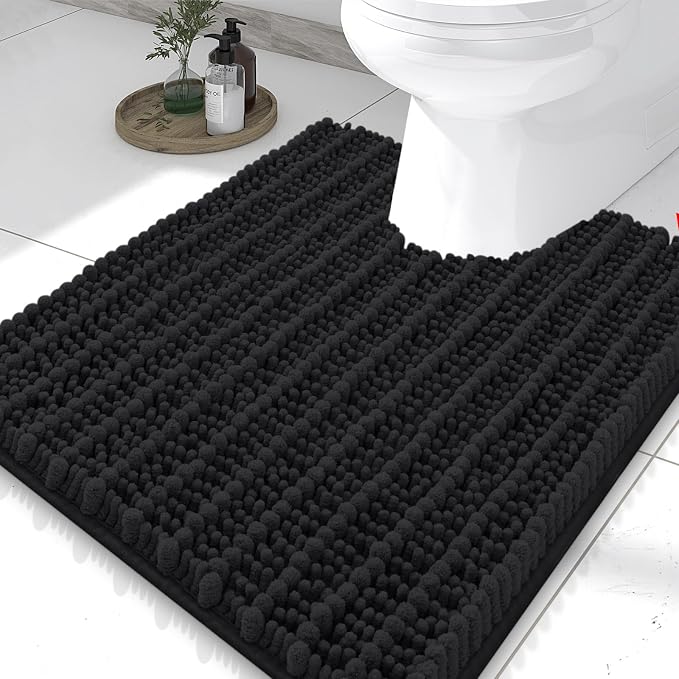 Smiry Bathroom Toilet Rugs U Shaped 24X20, Chenille Bath mats for Toilet | Black Extra Soft Absorbent Non Slip Rubber Backing Contour Bath Rugs for Toilet, Machine Washable Contoured Bath Mats