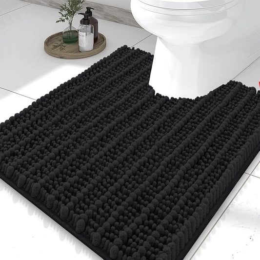 Smiry Bathroom Toilet Rugs U Shaped 24X20, Chenille Bath mats for Toilet | Black Extra Soft Absorbent Non Slip Rubber Backing Contour Bath Rugs for Toilet, Machine Washable Contoured Bath Mats