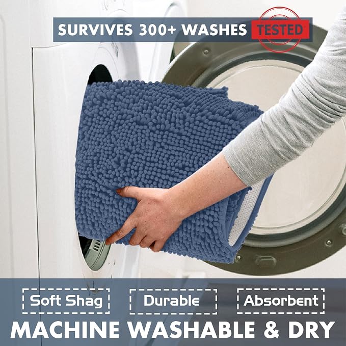 LuxUrux 3-Piece Bathroom Rug Set – Plush Chenille Bath Mats & U-Shaped Toilet Mat, Ultra-Soft, Absorbent & Non-Slip (20x20 U, 16x24 & 20x30 inches, Medium Blue)