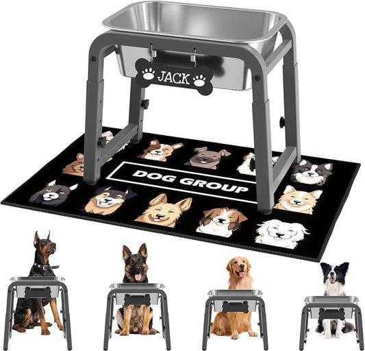 1.2 Gallon Elevated Dog Water Bowl, Height Adjustable (10.4–15.2'') Raised Stainless Steel Bowl with Spill-Proof Mat & Sturdy Metal Stand, Tip-Proof, Easy to Clean, Indoor & Outdoor Use