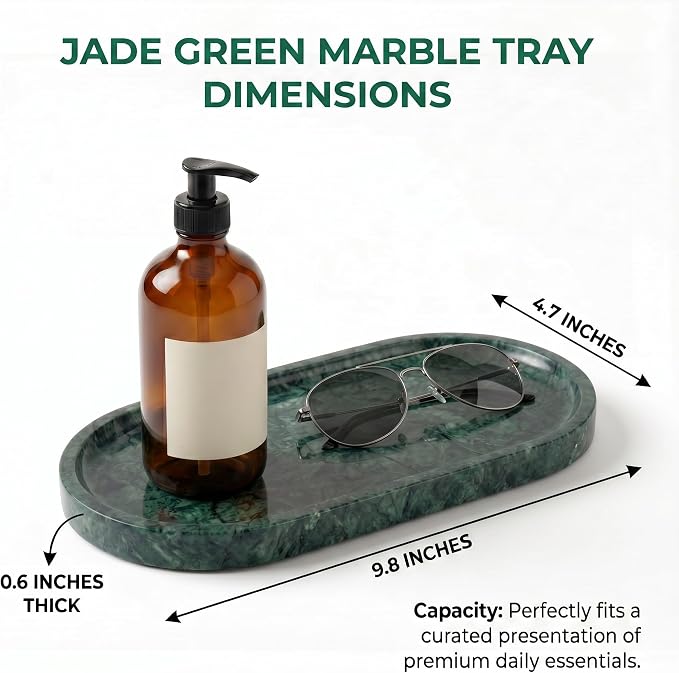 YKAJO Jade Green Oval Marble Tray, 9.8x4.7 Vanity Perfume Organizer Dish | Honed natural stone; jewelry & trinket dish, ring & key holder, soap & candle catchall; bath counter, dresser, coffee table