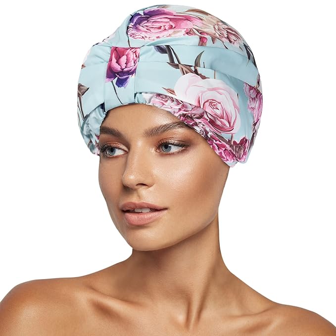 INNELO Shower Cap for Women Reusable Waterproof, Double Layer, Satin Lined | Bath Cap, Adjustable Elastic Strap, Large Size for Short Long Curly Hair, Soft Silky Lined, Anti Frizz, Shower Essentials