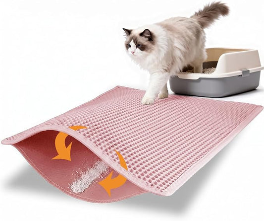 Pieviev Litter Box Mat, Double-Layer Urineproof Design, 30" x 24" Pink | Honeycomb Litter Trapping Mat Captures Scattered Particles to Stop Tracking, Waterproof Base Protects Floors, Easy to Clean