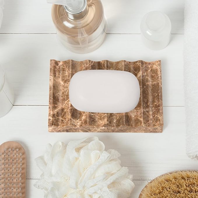 Luxury Marble Soap Dish Tray,Rectangle Stone Marble Soap Tray,Self Draining Soap Holder for Bathroom, Kitchen (Light Brown)