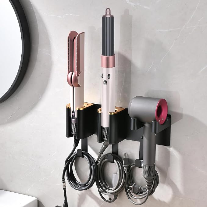 Hair Tool Organizer Wall Mount, Hair Dryer Curling iron Organizer | Hair Tools Holder with Cord Hooks, Straightener Holder, Aluminum Alloy & ABS, Black and Gold Color (Not Including Hair Tools)