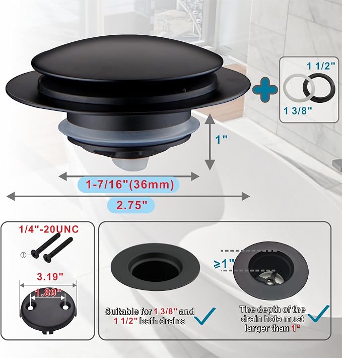 Black Tub Drain Stopper,Welsan Universal Pop Up Bathtub Stopper Replacement Tip Toe, Lift and Turn with 2-Hole Overflow Face Plate Cover and EZ Bath Tub Plug Stopper (Matte Black)