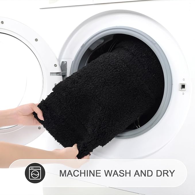 SHACOS Soft Microfiber Bathroom Rugs Set of 2 Pieces, Black | 47x20 + 32x20, Absorbent Plush Bath Rugs, Non Slip Washable Shaggy Bath Mats, Fluffy Bathroom Runner Floor Mats Shower Rug