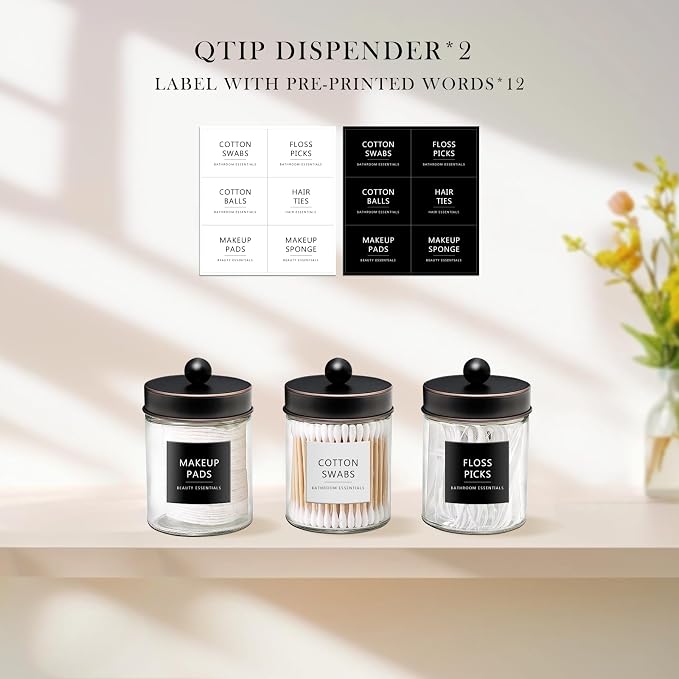 SheeChung 2 Pack Glass Qtip Holder with ORB Stainless Steel Lids | Apothecary Jars with Stickers, Modern Farmhouse Bathroom Vanity Organizer for Cotton Swabs, Balls, Pads (Oil Rubbed Bronze)