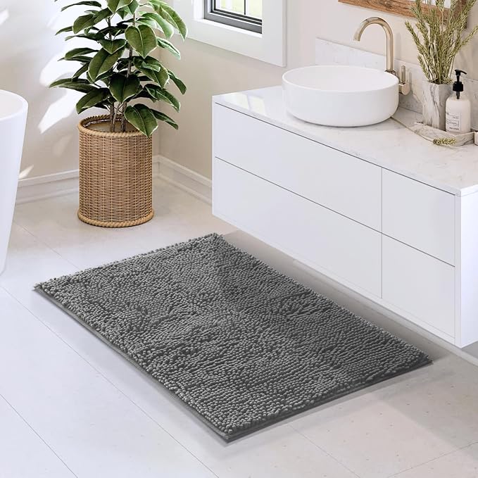 Hearth & Harbor Bathroom Rugs, Chenille Bath Mat - Machine Washable Bath Mats for Bathroom Non-Slip Backing Rubber, Quick Dry Bathroom Mat, 20 x 32 - Frost Grey