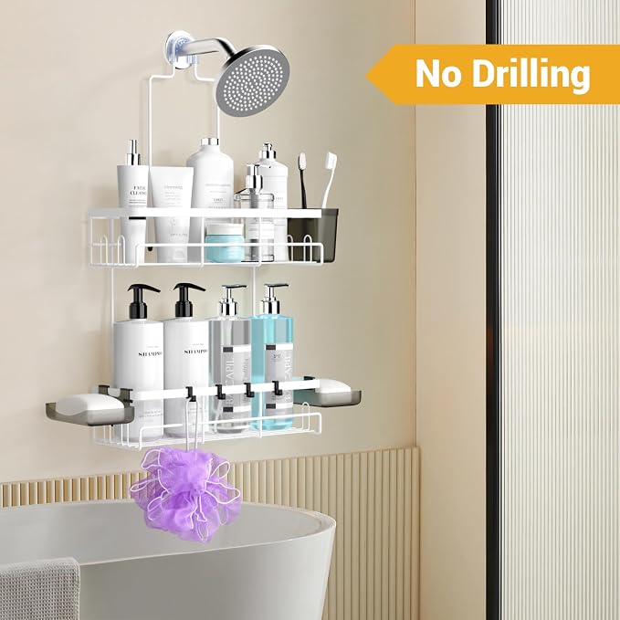 Hanging Shower Caddy Over Showerhead - Rustproof No Drill Shower Organizer | Includes Soap Holder and Hooks for Shampoo, Conditioner, and Bathroom Essentials with Quick Drainage Design