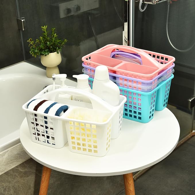 ALINK Plastic Shower Caddy Basket with Compartments, Portable Divided Cleaning Supply Storage Organizer with Handle for College Dorm Bathroom - Gray