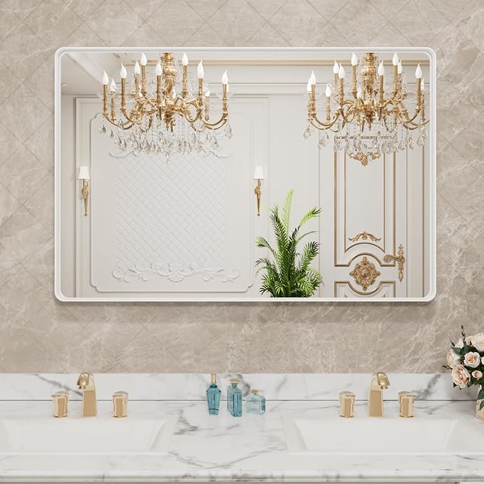 LOAAO White Metal Framed Bathroom Mirror, 40x36 Inch | Rounded Rectangle, Anti-Rust, Tempered Glass, Hangs Horizontally or Vertically