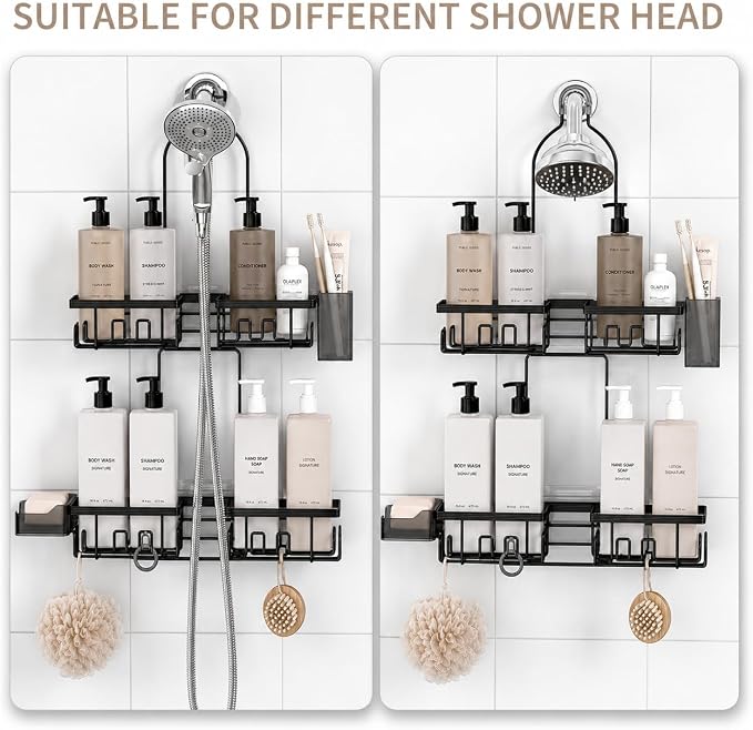 Shower Caddy Hanging for Handheld Showerheads, Rustproof, Black | Anti-Swing, Split Design, Shower Organizer with Hooks, Soap Holder and Toothbrush Holder, No-Drill Bathroom Storage