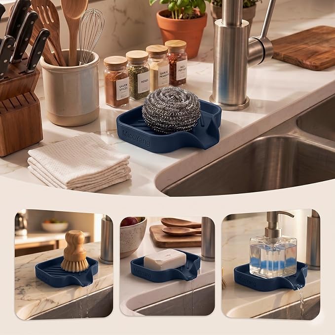 MicoYang Silicone Soap Dish with Drain Spout, Self-Draining Sink Organizer Tray for Bathroom and Kitchen, Sponges, Dispensers & Soap Holder, Non-Slip & Dishwasher Safe, Navy Blue (Compact, 4.9"×3.2")