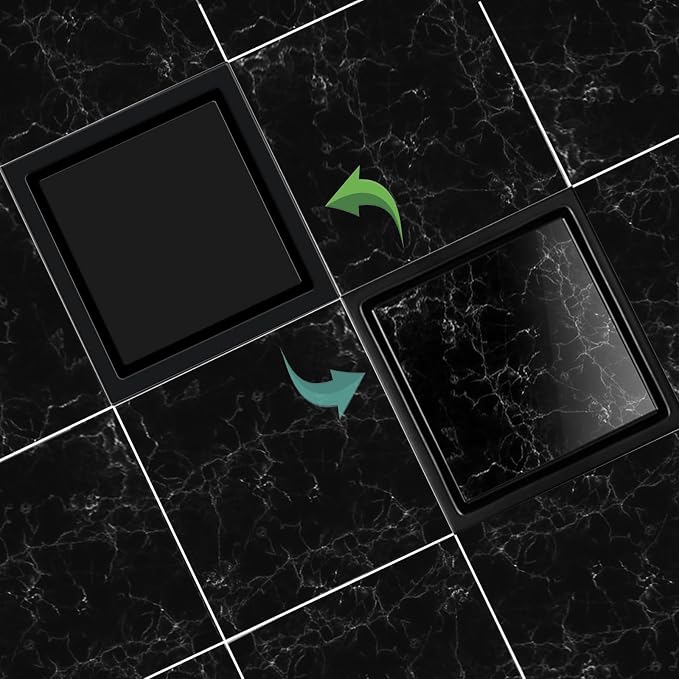 EXF Square Shower Drain 6 Inch Matte Black with Tile Insert Grate, Stainless Steel Shower Floor Drain with Flange, Hair Catcher
