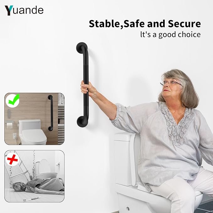 20 Inch Black Shower Grab Bar with Anti-Slip Knurled Grip,YuanDe Stainless Steel Bathroom Grab Bars，Shower Handrail Support, Handicap Elderly Balance Assist Handles