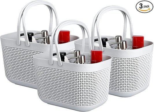 UUJOLY Plastic Organizer Storage Baskets with Handles, Shower Caddy Bins Organizer for Bathroom and kitchen (3 Pack, Grey)