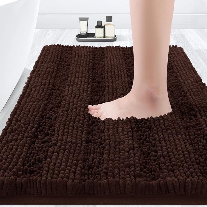 ACCUMTEK Striped Brown Bathroom Rug Mat 36"x24" Ultra Soft, Non Slip Chenille Bath Rugs, Absorbent Plush Shaggy Bath Mats for Bathroom, Bedroom, Kitchen, Shower, Tub