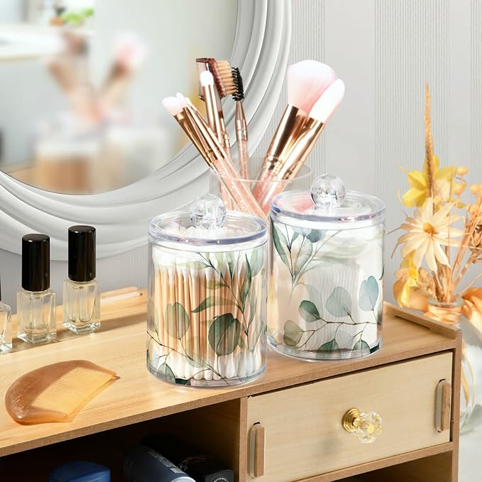 2 Pack Qtip Holder Dispenser for Cotton Ball Watercolor Green Eucalyptus Leaves Cotton Swab Round Pads Clear Plastic Acrylic Jar Set Bathroom Canister