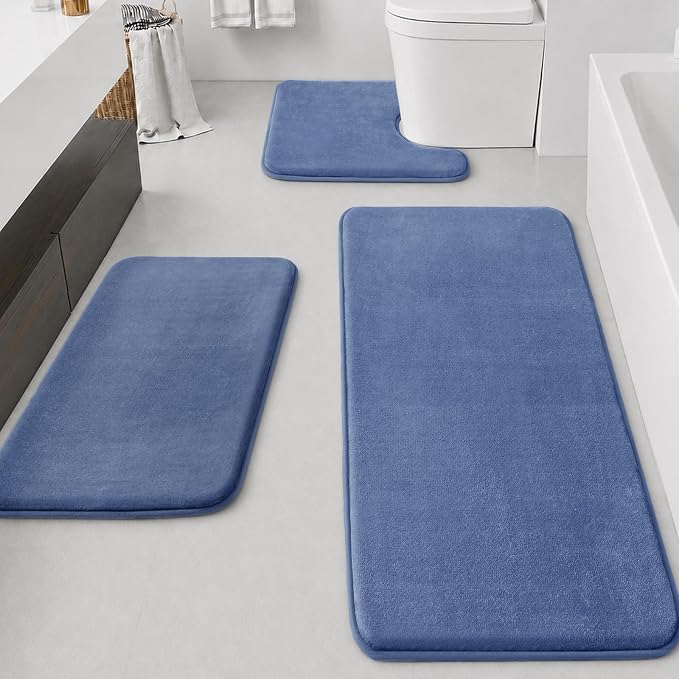 Bathroom Rugs Sets 3 Piece, Non-Slip & Quick Dry Bath Mat Set, Ultra Soft Velvet Bath Rugs for Bathroom, Toilet and Shower Floor, Dusty Blue