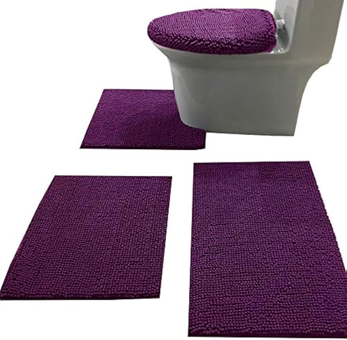 Madeals Bath Rug Set 4 Piece with Toilet Lid Cover and Rug Set Combo, Soft Shaggy, 3 Piece and U-Shaped Toilet Floor Rug Purple | Chenille,Shaggy,Non-Slip Backing,Soft,Fit,Absorbent, Comfort,3 Piece Bathroom Rug,Thickness,Quick Drying, Washable,