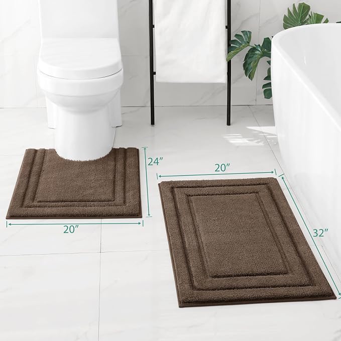 HOMEIDEAS Bathroom Rugs Sets 2 Piece, Super Soft and Absorbent Non Slip Microfiber U-Shaped Toilet Bath Mat Set (20"x32"+U20 x24, Brown) | Super Soft and Absorbent Non Slip Microfiber Bath Rug，Machine Washable, for Bathroom, 20"x32"+U Shape 20"x24"