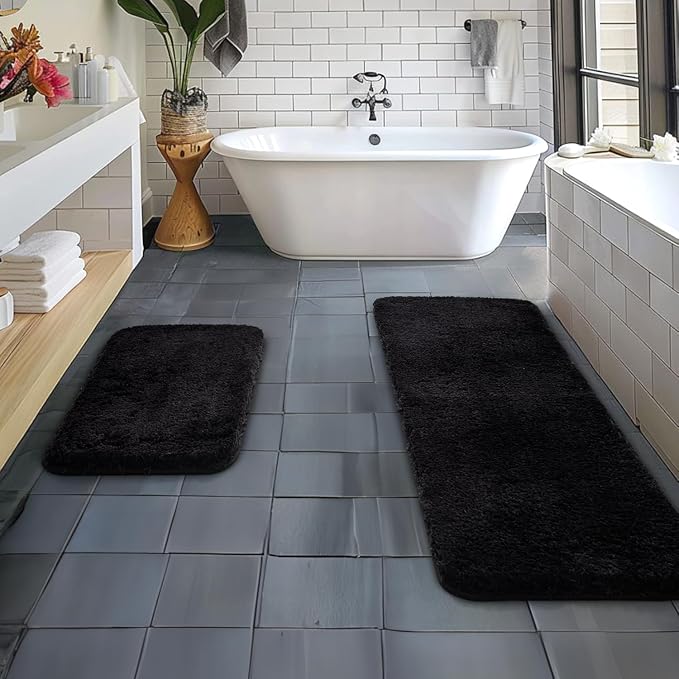 MIULEE Black Bathroom Rugs Set 2 Piece Soft Bath Mats 16x24+16x48 Inch | Soft Absorbent Microfiber Bath Rugs, Non Slip, Quick Dry, Fluffy Bath Rugs for Bathroom Floor Tub Showers, Machine Washable