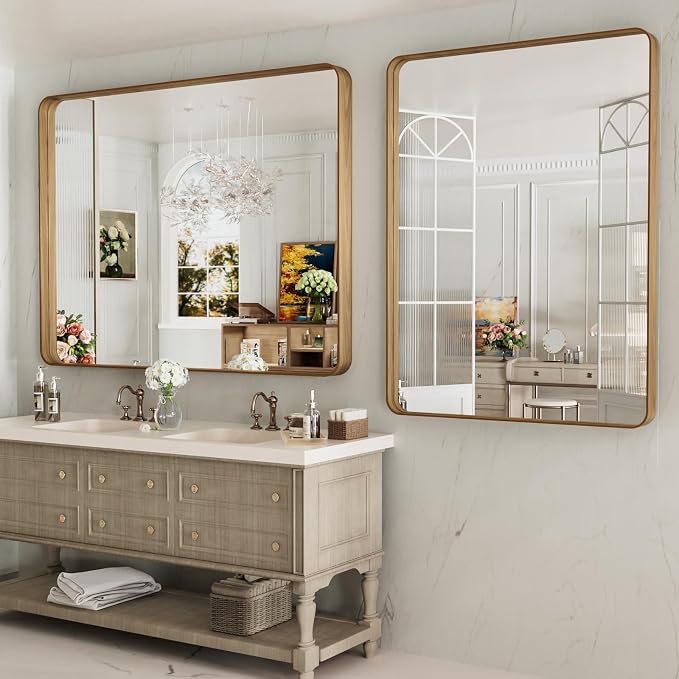 LOAAO 48X36 Inch Bathroom Mirror with Wood Grain Colored Metal Frame | Rounded Rectangle Metal Framed, Anti-Rust, Hangs Horizontally or Vertically, Tempered Glass