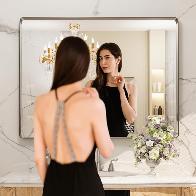 LOAAO 48X36 Inch Brushed Nickel Bathroom Mirror | Rounded Rectangle, Silver Metal Frame, Anti-Rust, Tempered Glass, Hangs Horizontally or Vertically