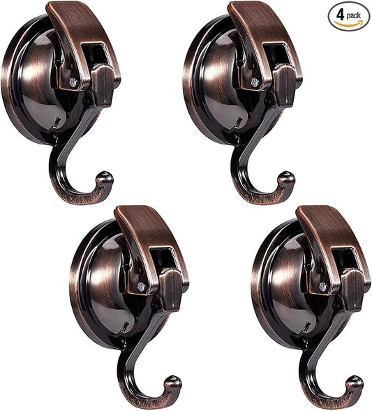 Suction Cup Hooks for Shower, Bathroom, Kitchen, Glass Door, Mirror, Tile – Loofah, Towel, Coat, Bath Robe Hook Holder for Hanging – Waterproof Wreath Hanger (4 Pack, Red Bronze)