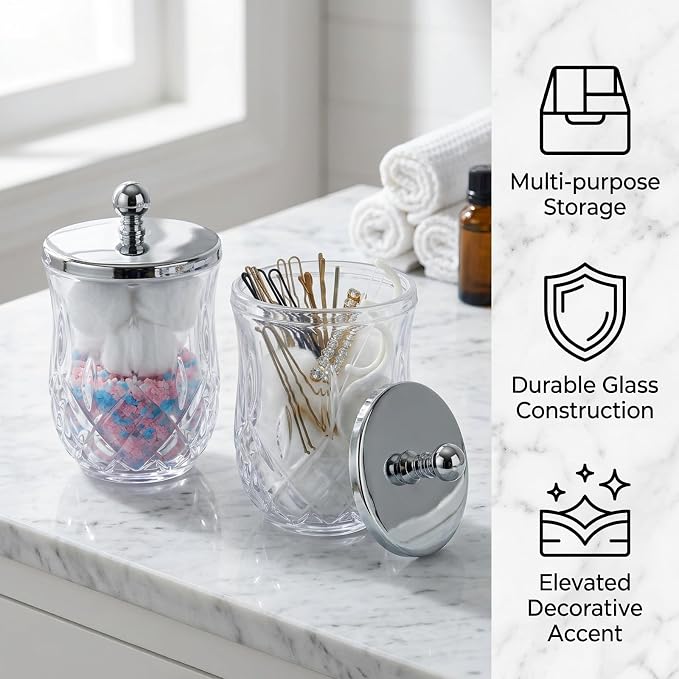 2 Pack Glass Qtip Holder Dispenser Set, Round Bathroom Apothecary Jars with Silver Metal Lid for Cotton Swabs,Balls,Pads, Floss Picks, Vanity Storage Container for Makeup, Candy, Jewelry(10 Oz, Clear)