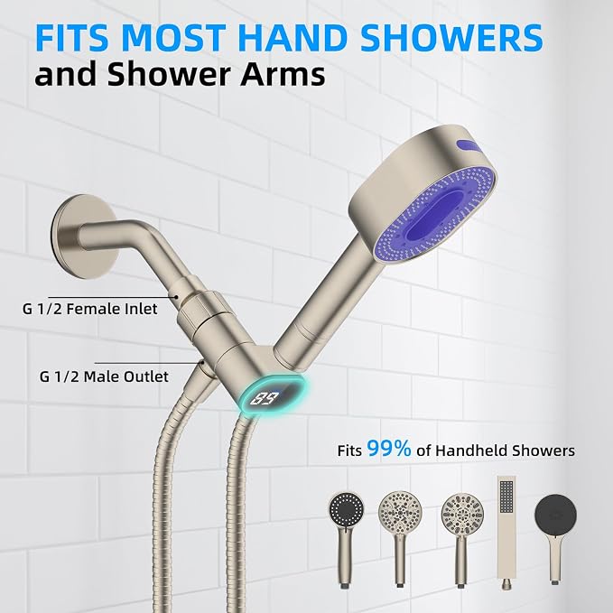 Hibbent Upgraded Metal Shower Head Holder with LED Display Shower Thermometer, Adjustable Shower Arm Mount for Handheld Shower Head, Universal Shower Head Bracket, Solid Brass Ball, Brushed Nickel