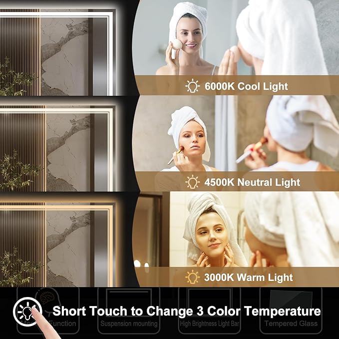 Ratsamee 24x36 Inch LED Bathroom Mirror with Frontlit & Backlit, Lighted Mirror for Bathroom Wall with 3-Color Dimmable & Anti-Fog, Vanity Mirror with Lights