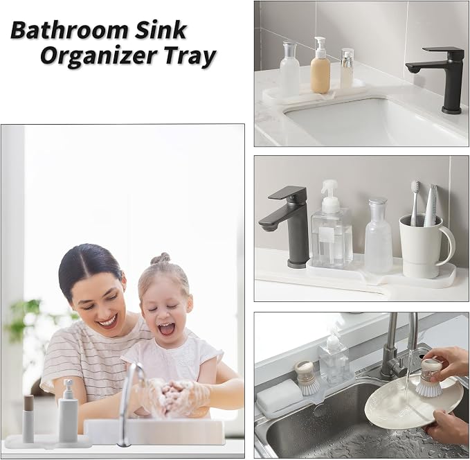 MicoYang Silicone Soap Dish with Drain Spout — Self-Draining Double Sink Organizer Tray for Kitchen & Bath, Dispensers, Sponges & Soap Holder, Non-Slip & Dishwasher Safe, Translucent (Large, 12"×4")