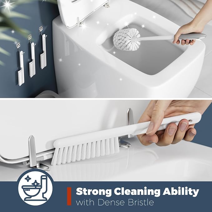 Holaloha Toilet Brush and Holder Set, Space Saving, 3 Pack, White | Bathroom Accessories, Ergonomic Silicone Handle, Dense Bristles, Deep Cleaning, with 3 Crevice Brushes, Compact Design