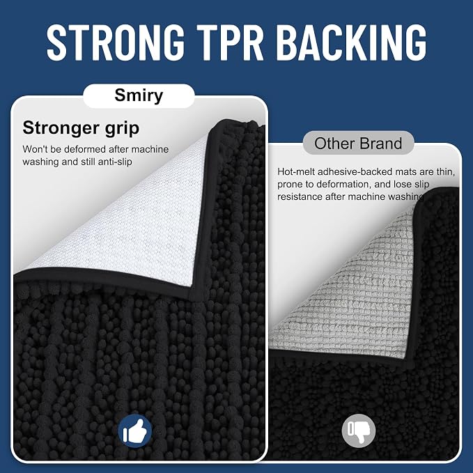 Smiry Bathroom Rugs Sets 2 Piece (59x20+24x16), Extra Soft Bath Mats | Black Soft Absorbent, Rubber Backing Machine Washable Quick Dry Chenille Bath Rug Set for Tub, Shower, and Floor