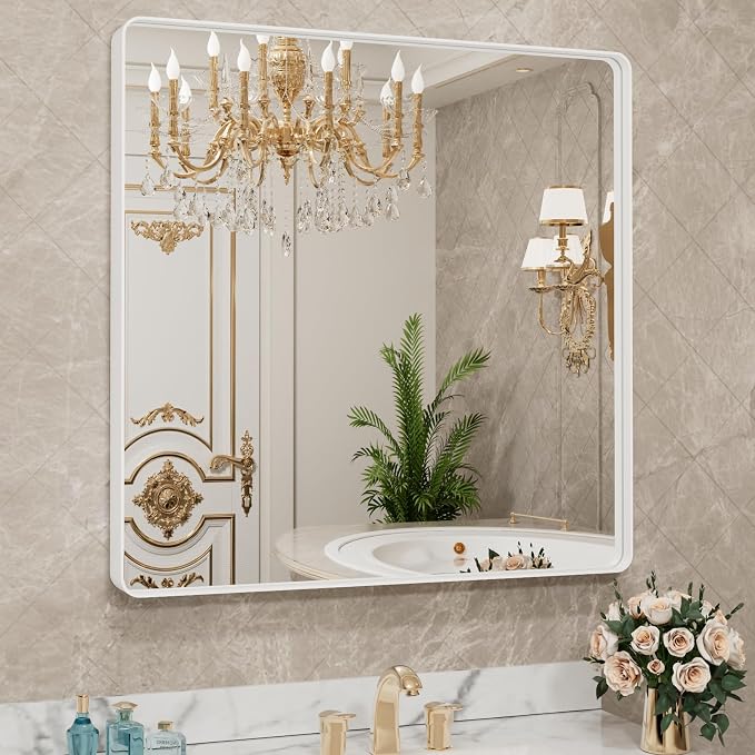 LOAAO 38x38 Inch White Metal Framed Bathroom Mirror | Rounded Rectangle, Anti-Rust, Tempered Glass, Hangs Horizontally or Vertically