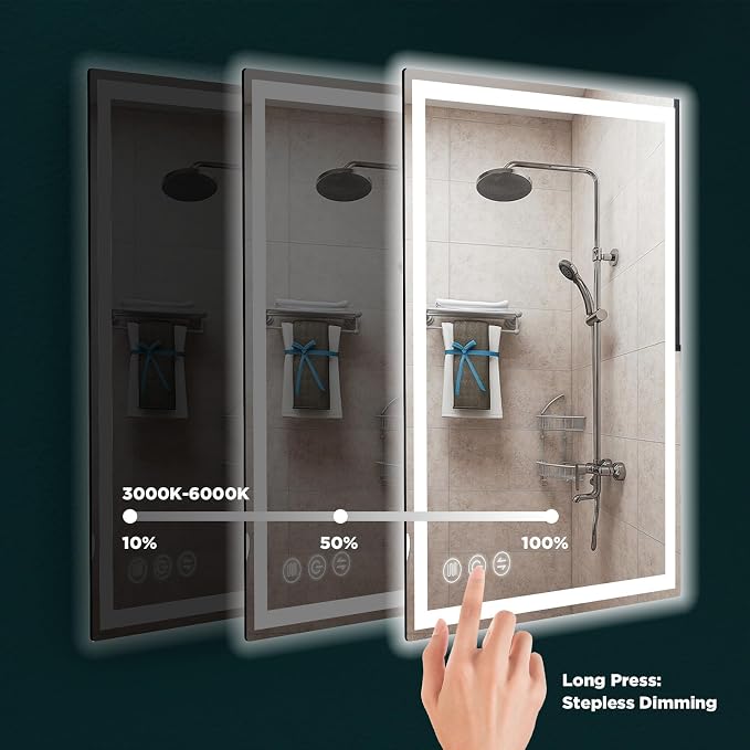 Memobarco 32" x 24" LED Bathroom Mirror with Lights, Memory Vanity Mirror | Anti-Fog, 3 Color Modes, Dimmable, Front Lit, Memory Function, Tempered Glass, Lighted Bathroom Mirror for Wall