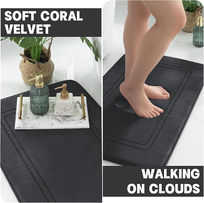 YIHOUSE Memory Foam Bath Mat Set, Non Slip Bath Mats for Bathroom, Super Soft and Water Absorbent, Machine Washable U Shape Toilet Mats, Black