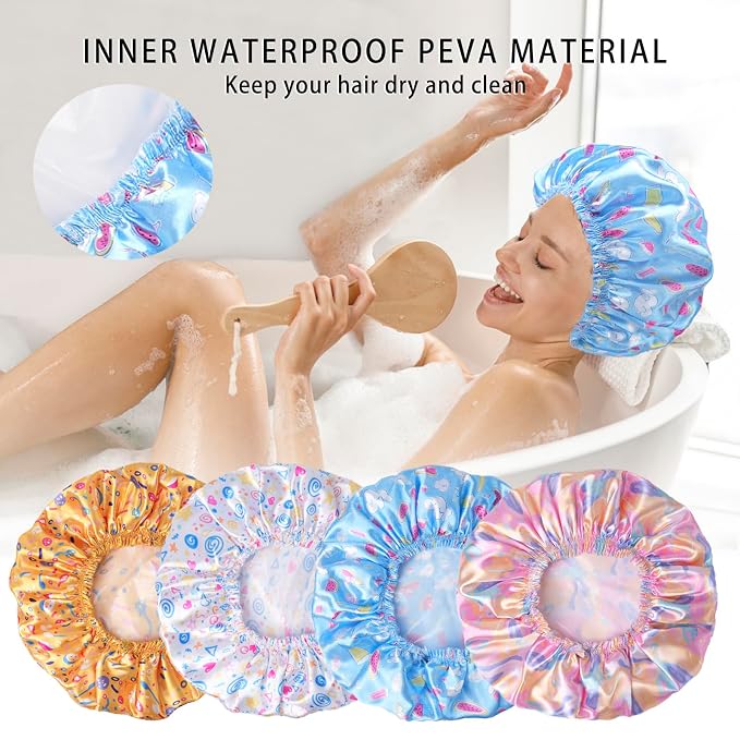 Shower Caps for Women, 4 PCS Reusable Waterproof Bath Cap | Double Layer, Washable, Wide Elastic Band, Holds Long Hair, Caps for Bath Accessories, Spa, Travel Home - Watermelon