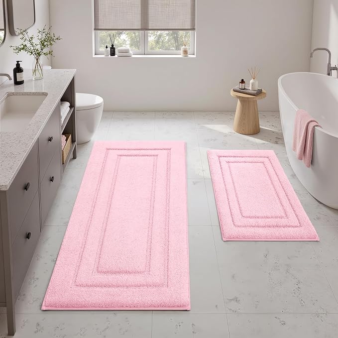 HOMEIDEAS Bathroom Rugs Sets 2 Piece, Soft Extra Long Bath Mat Light Pink | Super Soft and Absorbent Non Slip Microfiber Bath Rug，Machine Washable, for Bathroom, 20" x 47" + 16" x 24"