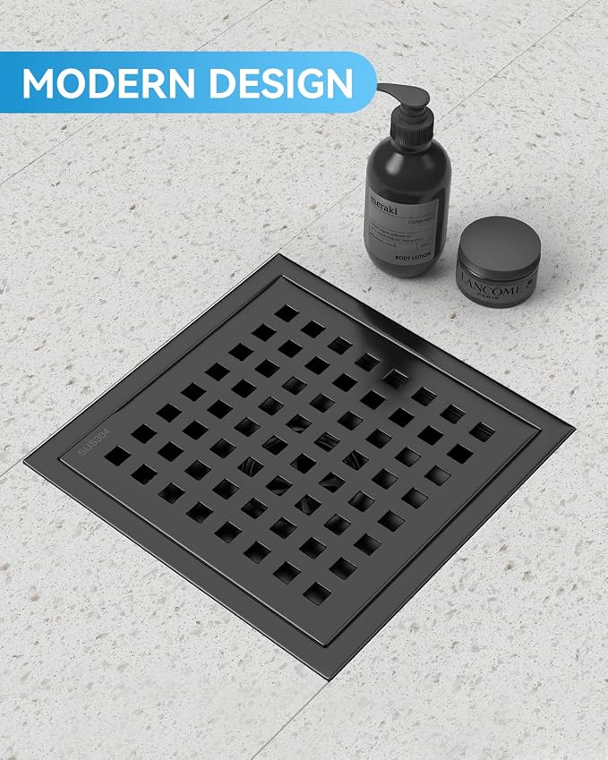 Matte Black Shower Drain 6 Inch with Flange CUPC Certified- Made of 304 Stainless Steel, Square Drain Includes Removable Cover Grid Grate, Hair Strainer,Thread Adapter