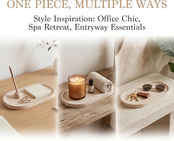 Natural Italian Travertine Tray Oval Decorative Marble Vanity Tray for Bathroom Countertop Hand-Polished Organizer for Kitchen Soap Jewelry Coffee Table Beige (11.8X5.9 Inch)