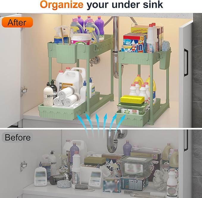 Sevenblue Under Sink Organizer, Bathroom Organizers and Storage, 2 Tier Multi-Use Pull Out Cabinet Organizer with Hang Hooks and Cups (Green, 12.8 Inch)