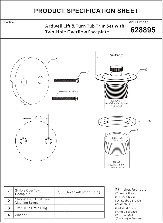 Artiwell Lift & Turn Tub Trim Set with Two-Hole Overflow Faceplate, All Brass Bathtub Conversion Kit Assembly with 2-Hole Overflow Face Plate and Universal Fine/Coarse Thread (Oil Rubbed Bronze)