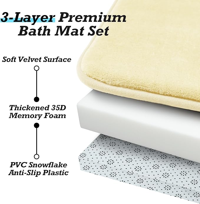 Bathroom Rugs Sets 2 Piece, Non-Slip & Quick Dry Bath Mat Set, Ultra Soft Velvet Bath Rugs for Bathroom, Toilet and Shower Floor, Cream Yellow