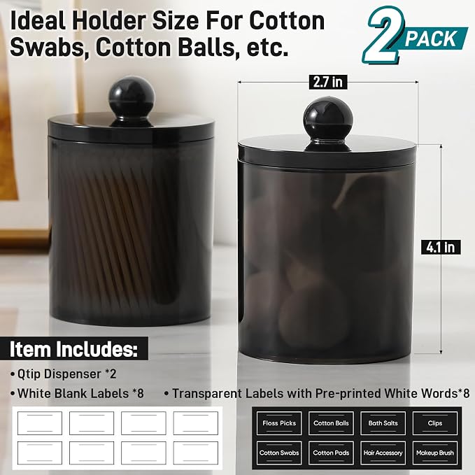 2 Pack Acrylic Qtip Holder Dispenser for Cotton Swabs, Balls, Floss Picks | Thick, Clear Black, w/ Labels - Small Canister Apothecary Jar Set, Bathroom Decor Essentials, Shelf Vanity Storage Organizer