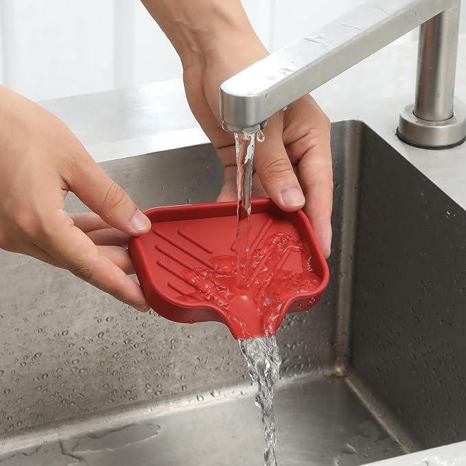 MicoYang Silicone Soap Dish with Drain Spout, Self-Draining Sink Organizer Tray for Bathroom and Kitchen, Sponges, Dispensers and Soap Holder, Non-Slip and Dishwasher Safe, Red (Compact, 4.9"×3.2")